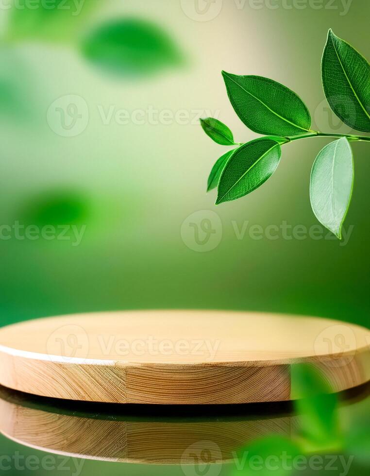 Wooden Round Platform with Green Leaves photo