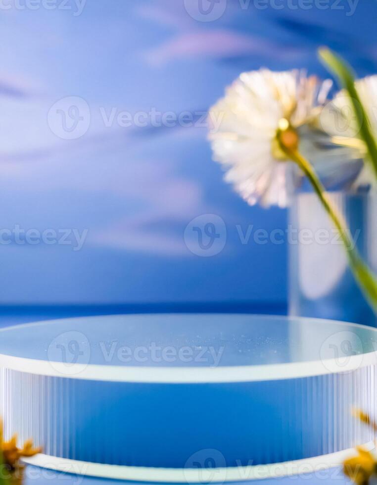Blue Abstract Podium with White Flower photo