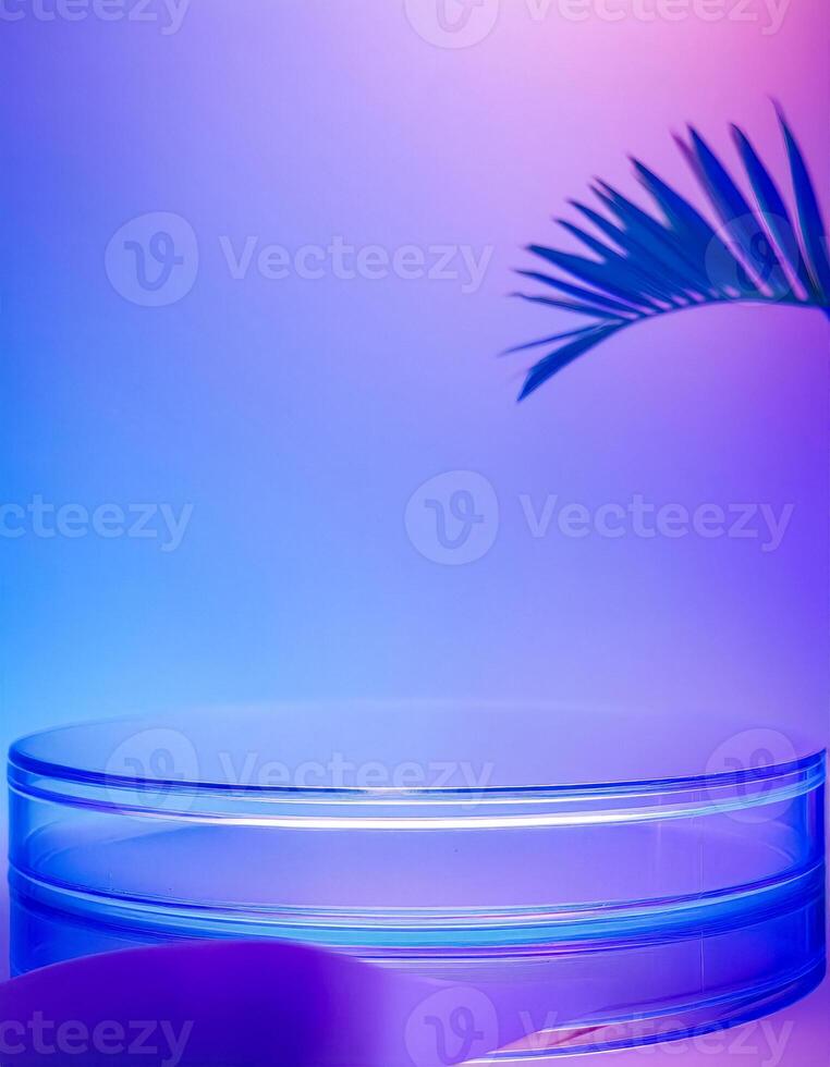 Abstract Blue Glass Cylinder Podium with Tropical Leaf Shadow on Purple Gradient Background photo