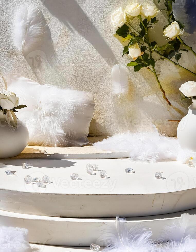 White and Feather Display with Diamond-Like Crystals on a Platform photo