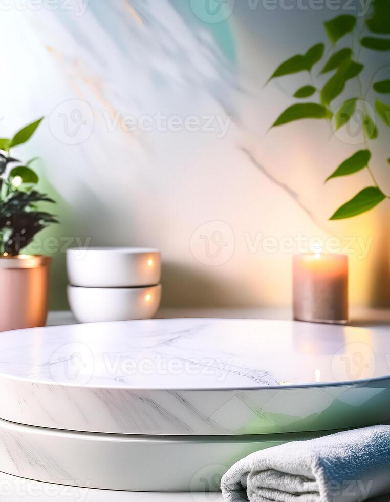 Marble Podium with White Towels and Candles photo