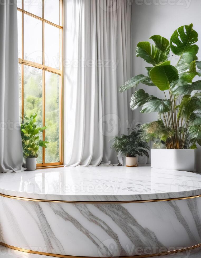 White Marble Pedestal with Gold Trim in Minimalist Interior photo