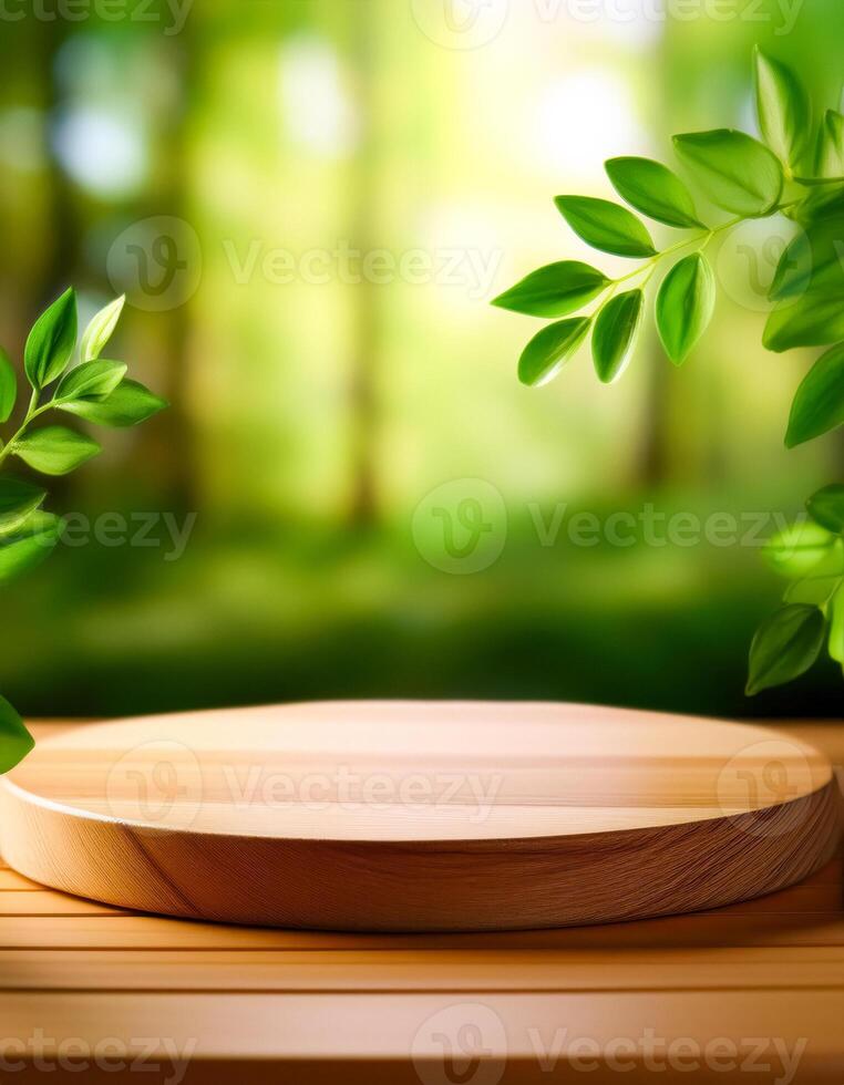 Wooden Podium with Green Leaves Background photo