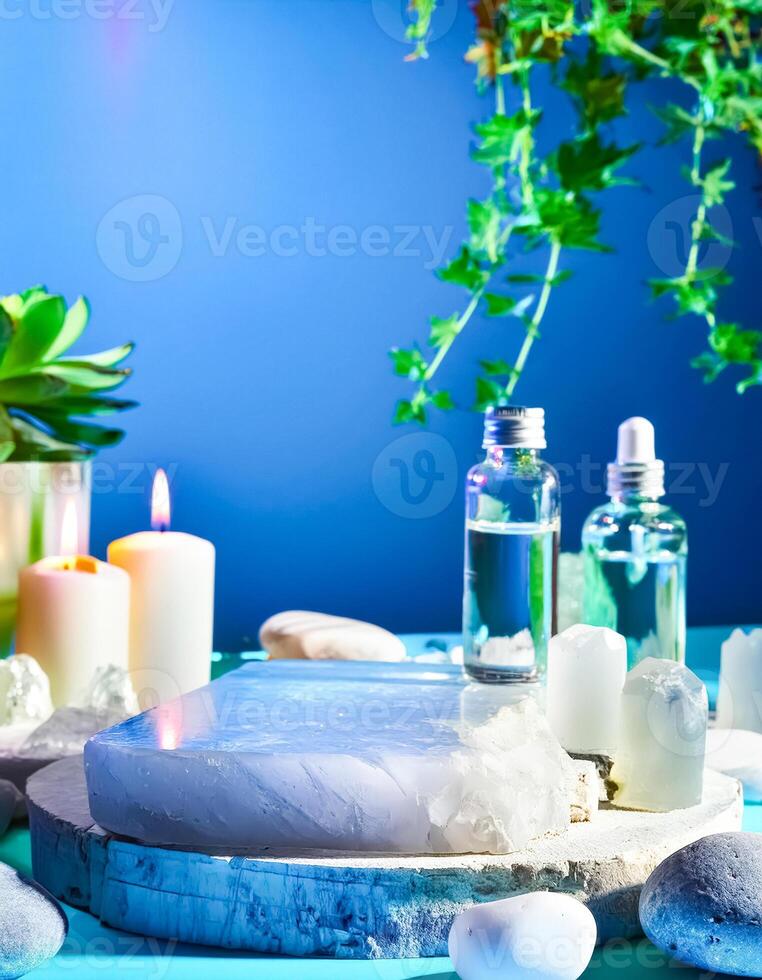 Crystal and Glass Bottles on Wooden Platform photo