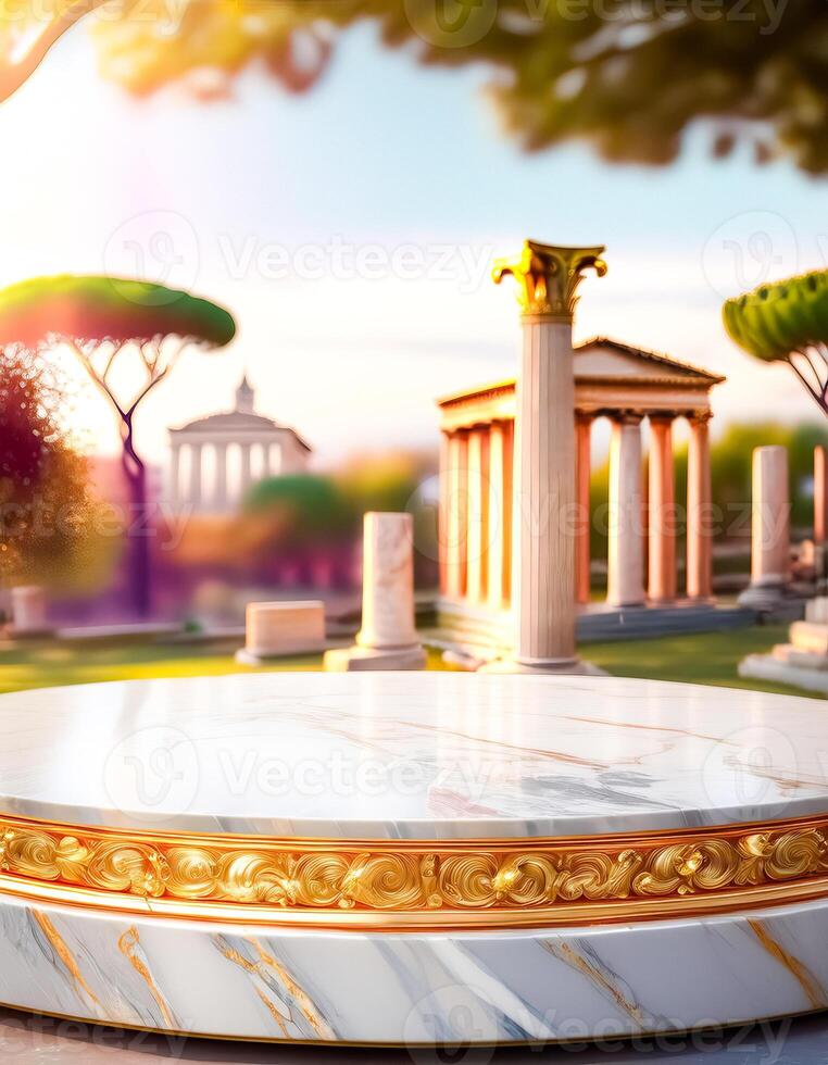 Marble Podium with Golden Ornament in Front of Ancient Ruins photo