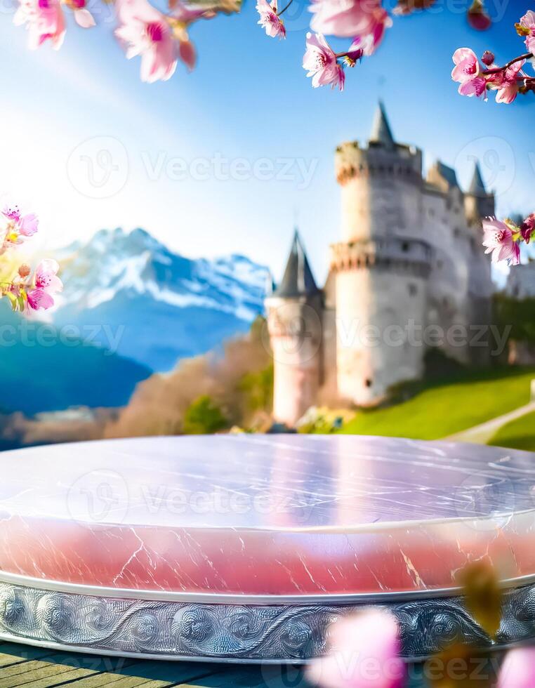 Luxury Product Display with a Magical Castle in the Background photo