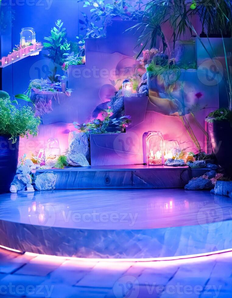 Futuristic Neon Stage with Plant Decorations photo