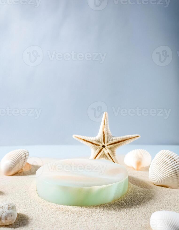 Seashell and Starfish Podium on Sand photo