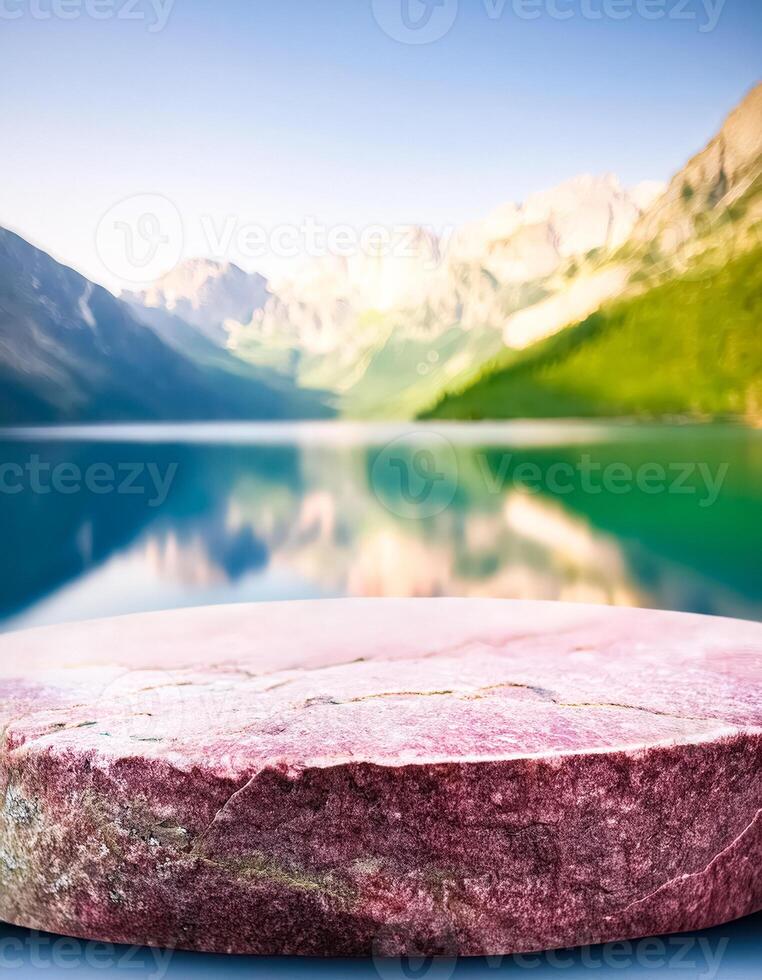 Stone Platform with Blurred Mountain Lake Background photo