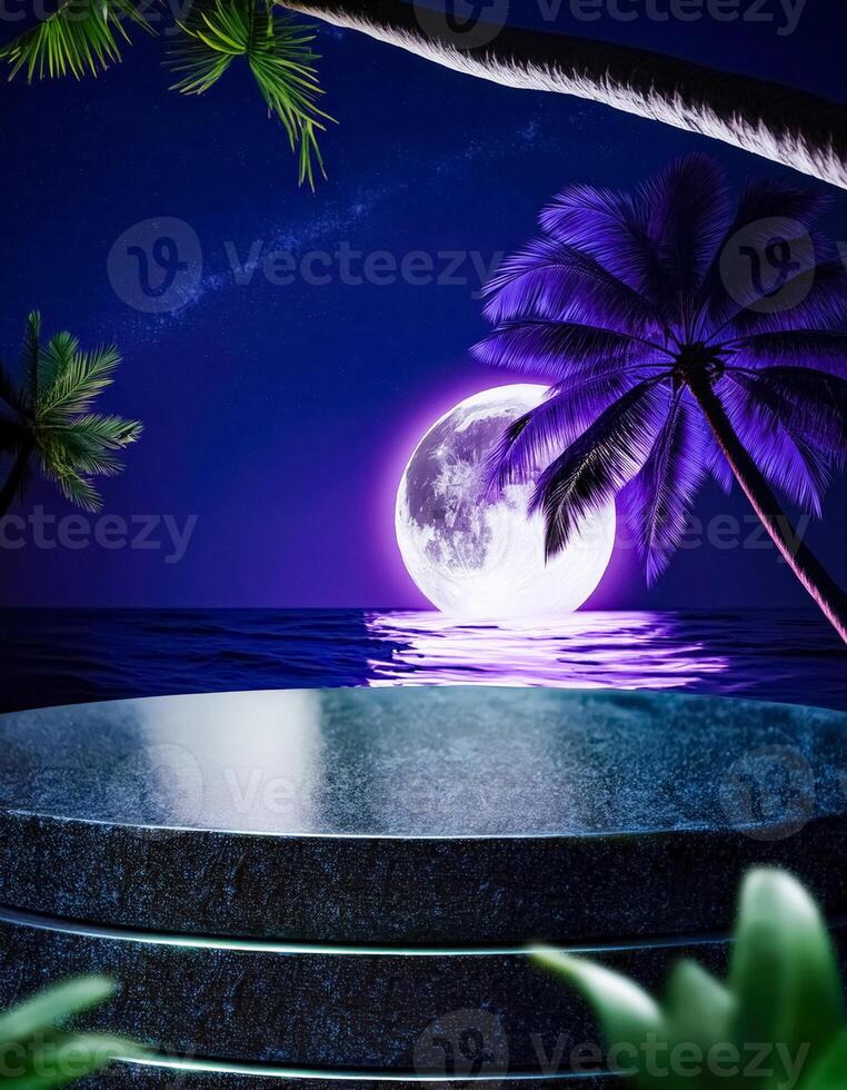 Tropical Night Scene with Full Moon and Palm Trees photo