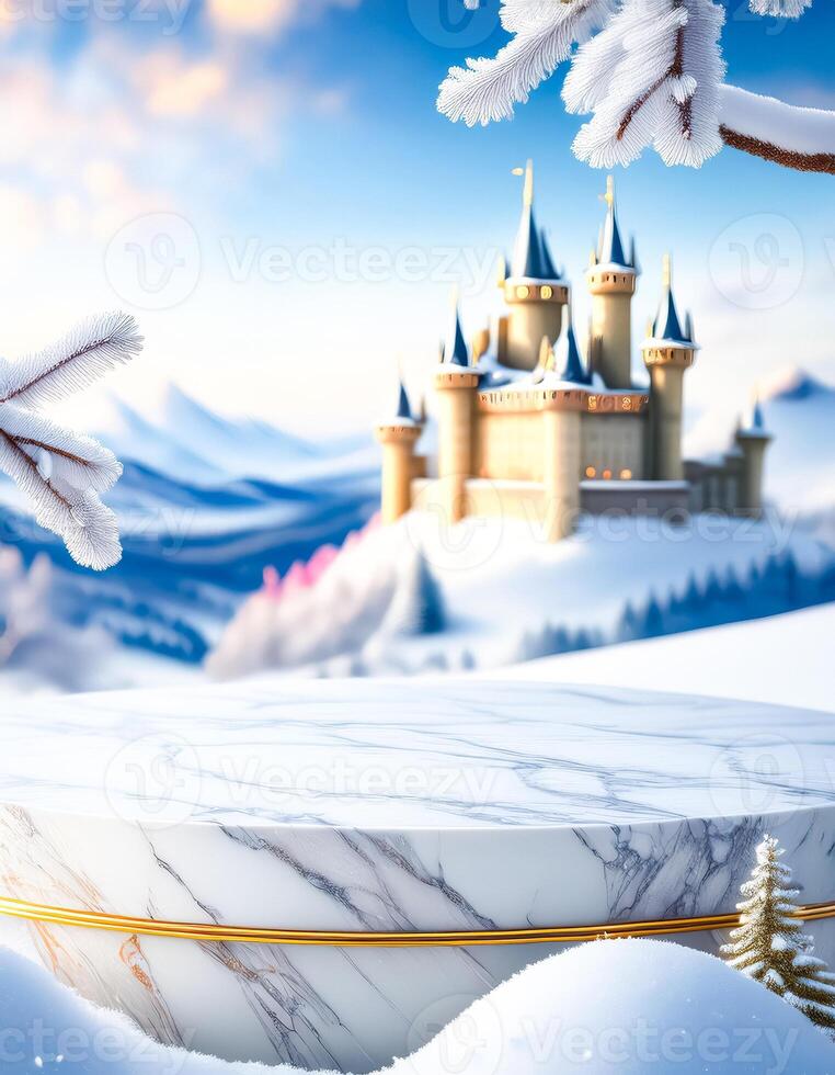 Winter Wonderland Product Display with Marble Pedestal and Snow Covered Castle photo
