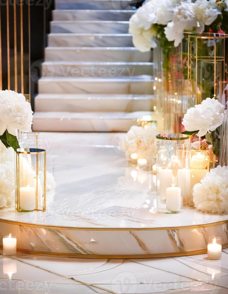 White Wedding Decor with Candles and Flowers photo