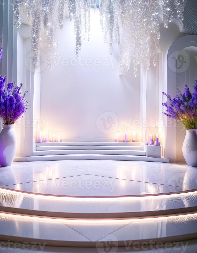 White Interior Design With Purple Flowers and Candles photo