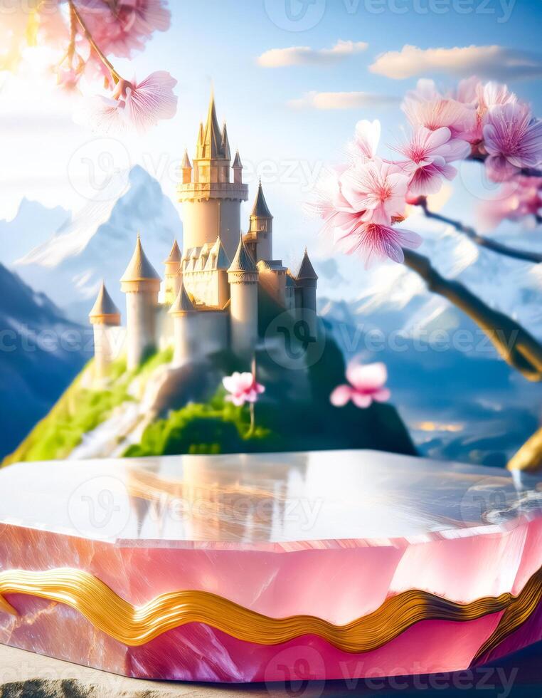 Crystal Platform with Fairy Tale Castle and Cherry Blossoms photo
