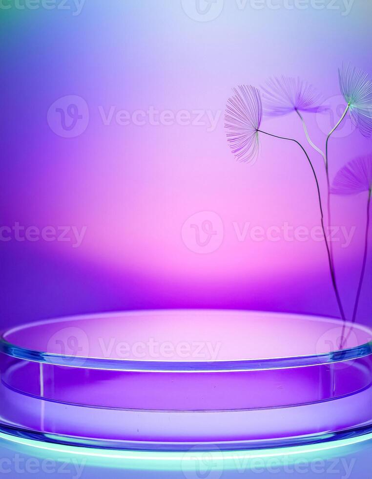 Abstract Glass Platform With Purple Gradient Background and Dandelion Seeds photo