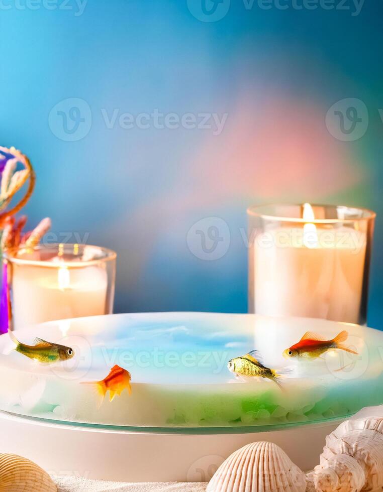 Goldfish swimming in a bowl with seashells and candles photo