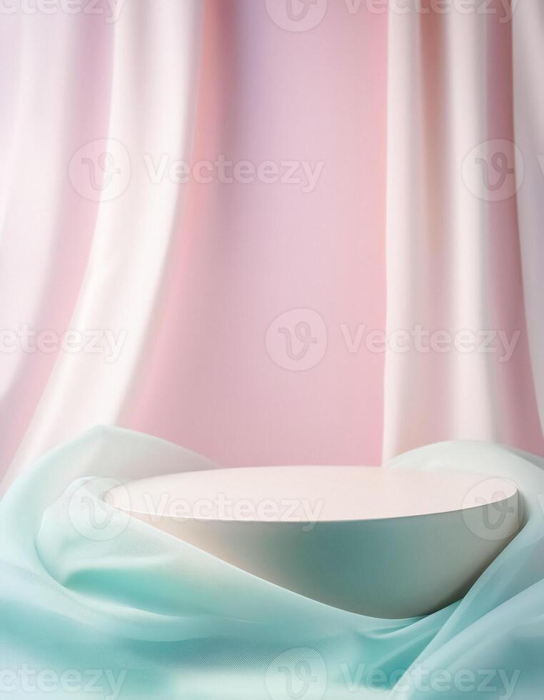 White Cylinder Podium with Pink and Blue Drapes photo