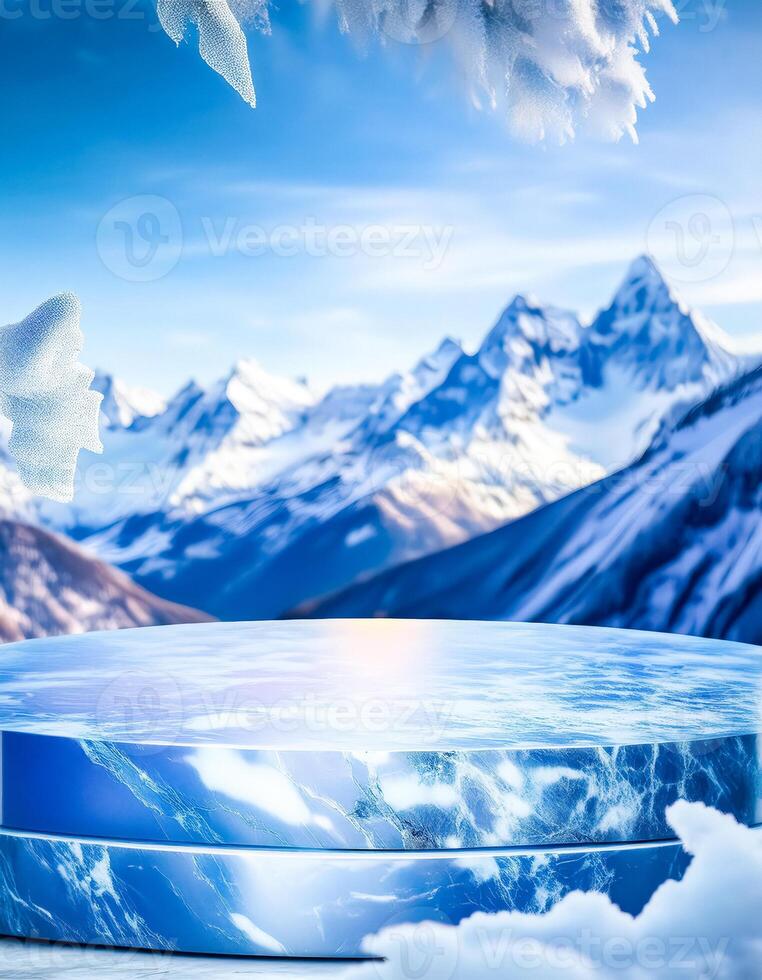 Blue Marble Podium In Snowy Mountains photo