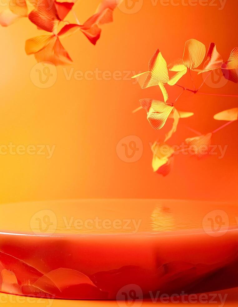 Abstract Orange Background with Curved Platform and Floating Leaves photo