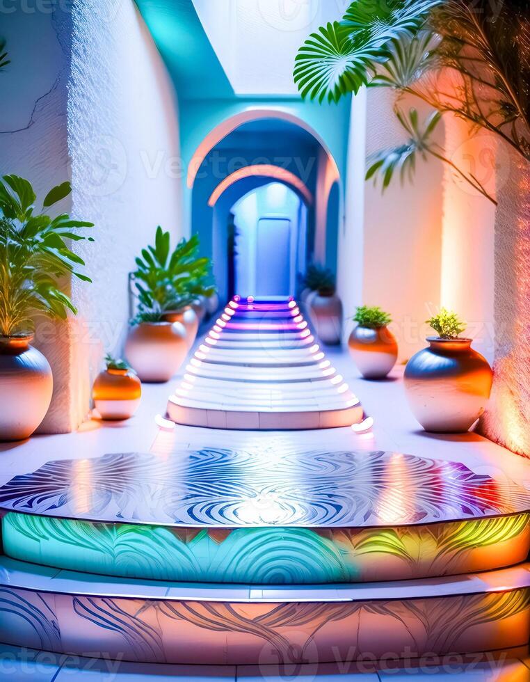 Illuminated Pathway with Green Plants and Colorful Lights photo