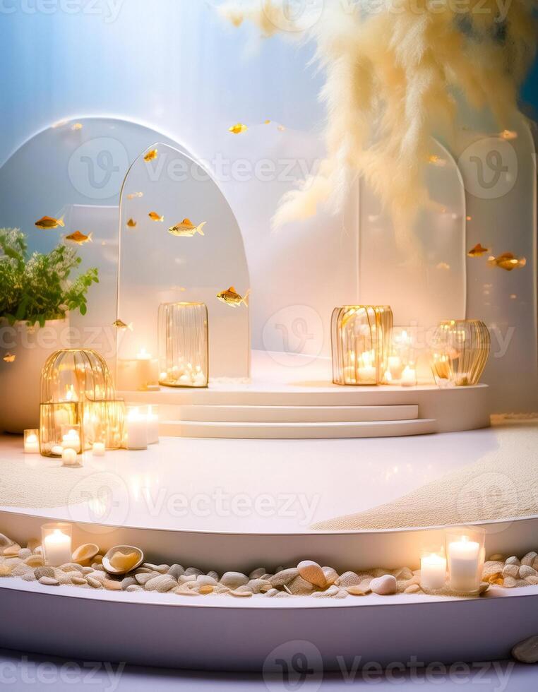 Golden Fish and Candles on a White Platform photo