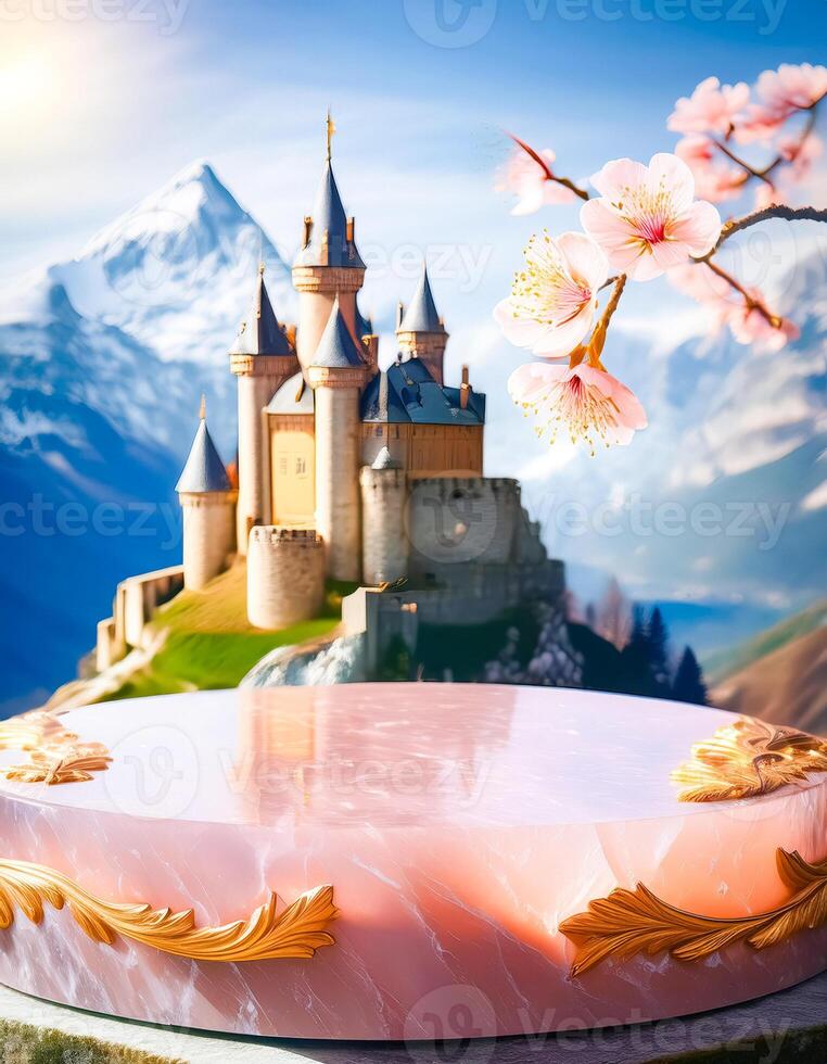 Magical Castle Display Stand with Pink Marble and Gold Accents photo