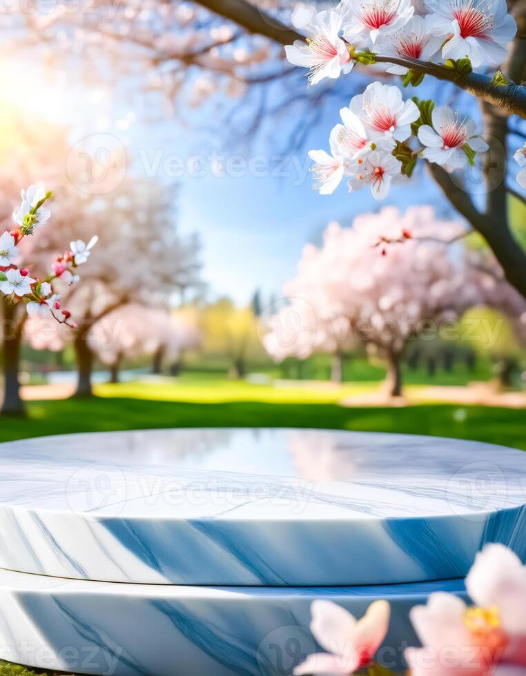 Marble Podium With Spring Blossom Background photo