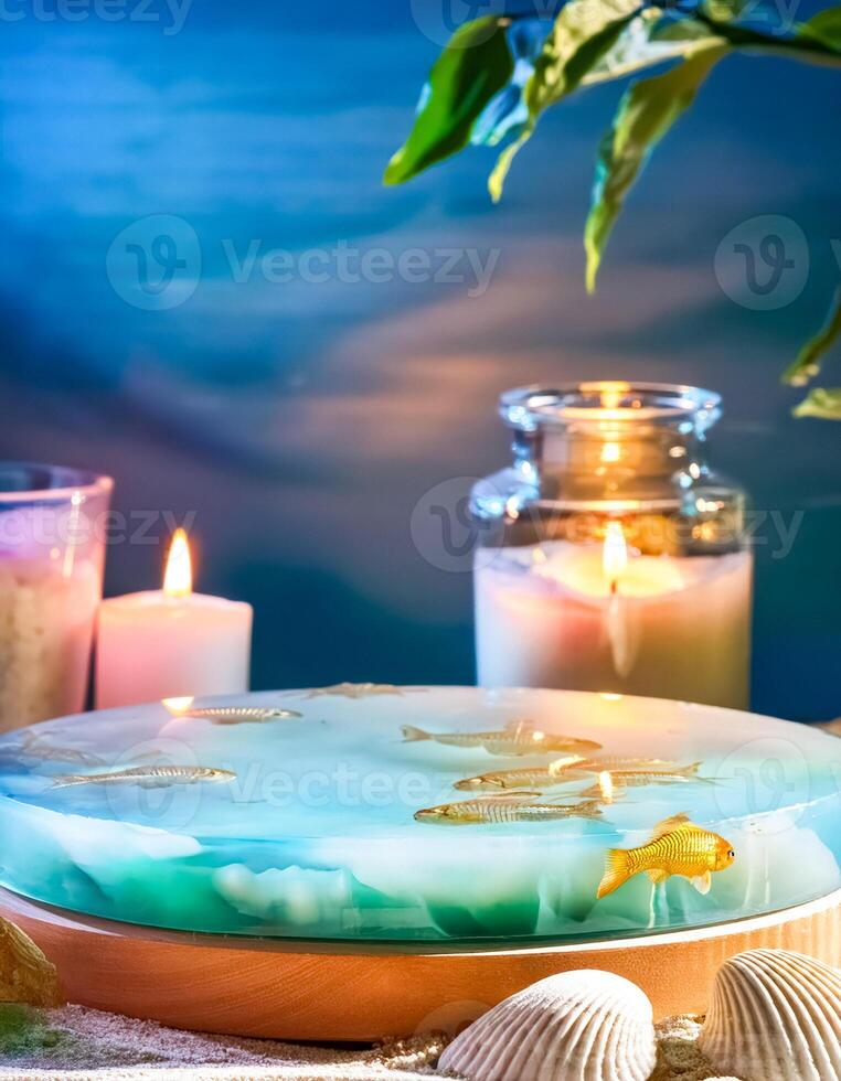 Golden Fish in a Resin Bowl with Sand and Seashells photo