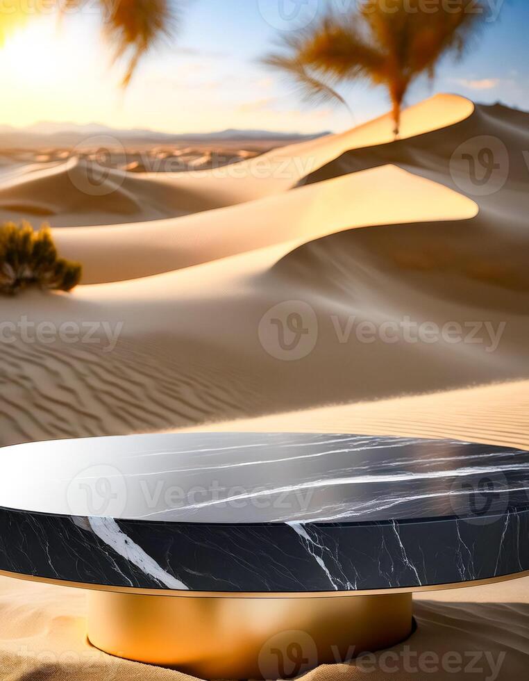 Black Marble Podium on Sandy Desert Dunes photo