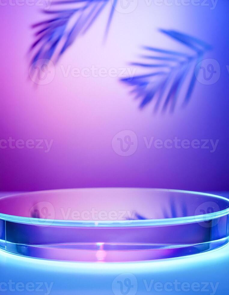 Abstract Glass Podium With Palm Leaf Shadow On Purple And Blue Gradient Background photo