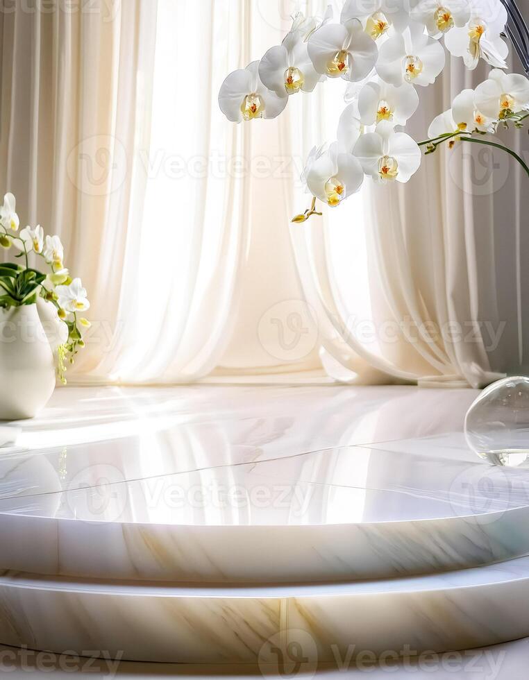 White orchid flower and white marble podium photo