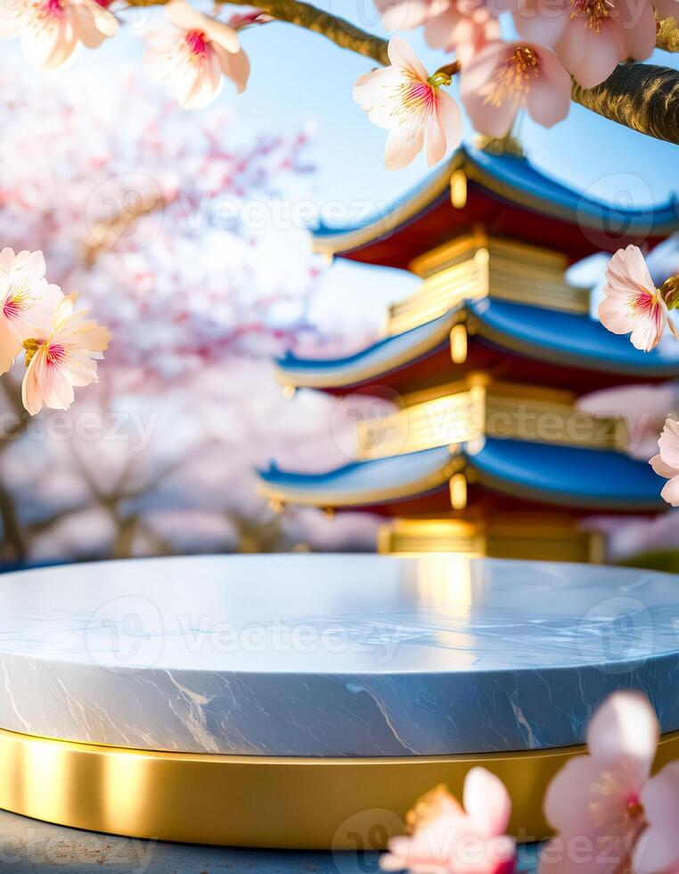 Marble Product Display with Sakura Flowers and Japanese Pagoda photo