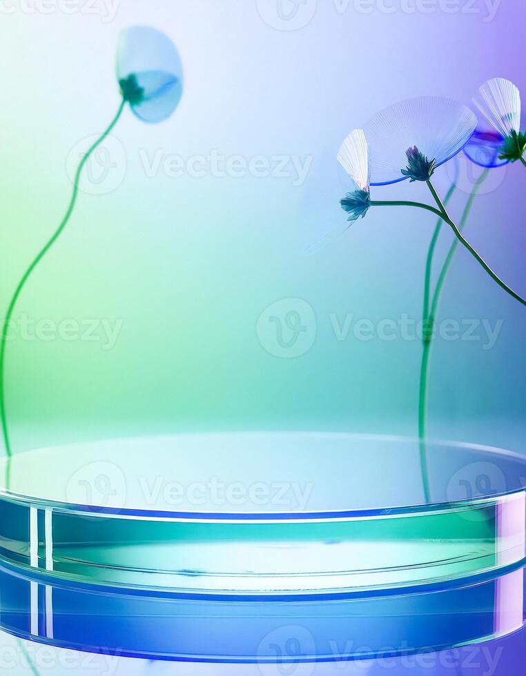 Abstract blue and green gradient with glass platform and flowers photo