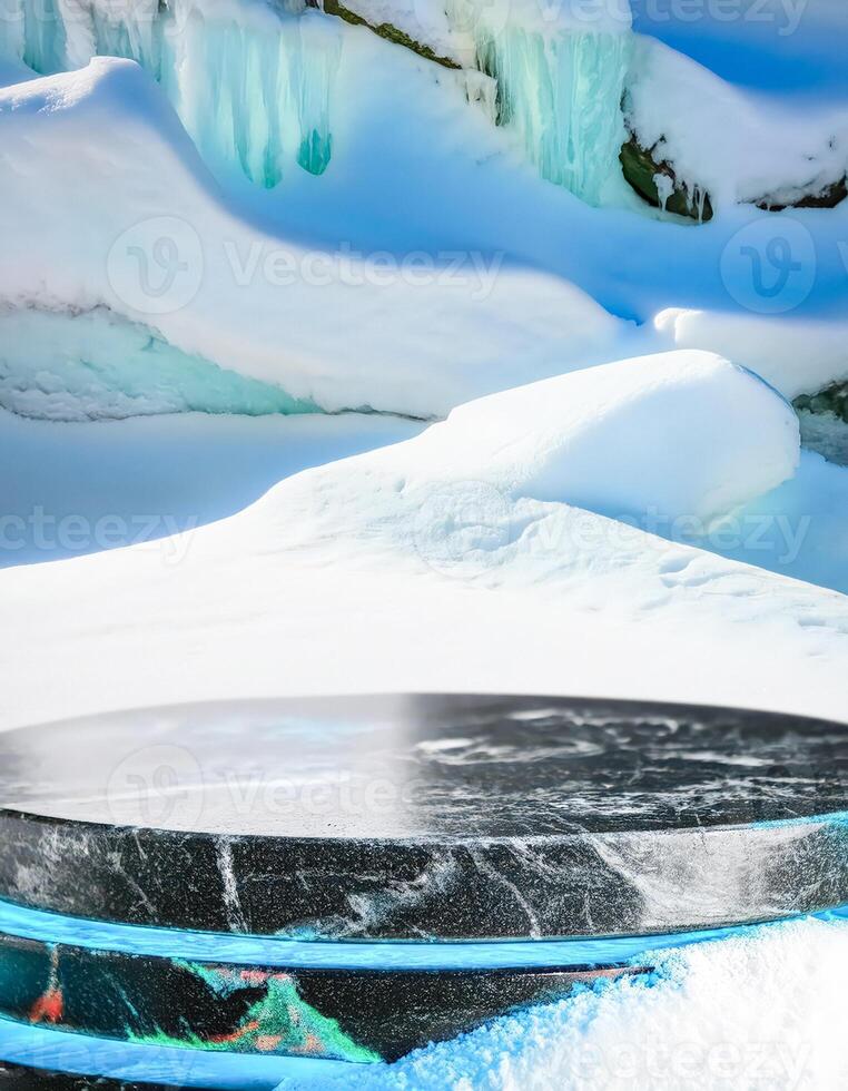 Black Marble Podium in Snowy Landscape photo