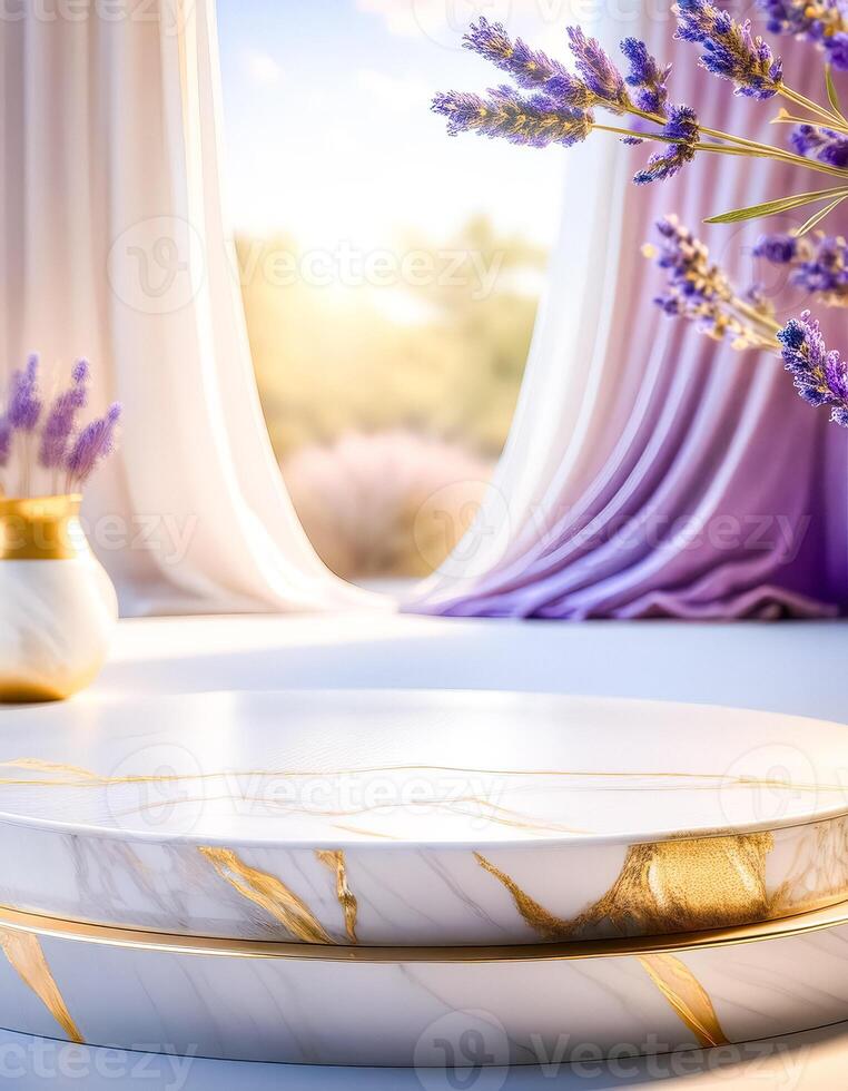 Marble Podium with Lavender Flowers and Curtains photo