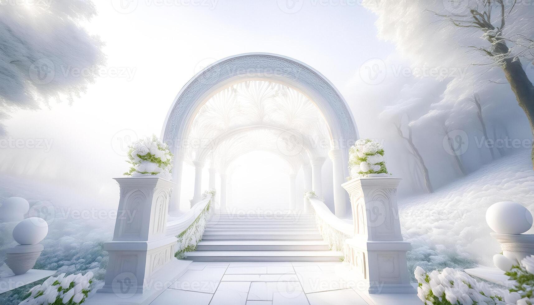 White archway leading to a staircase in a misty forest photo