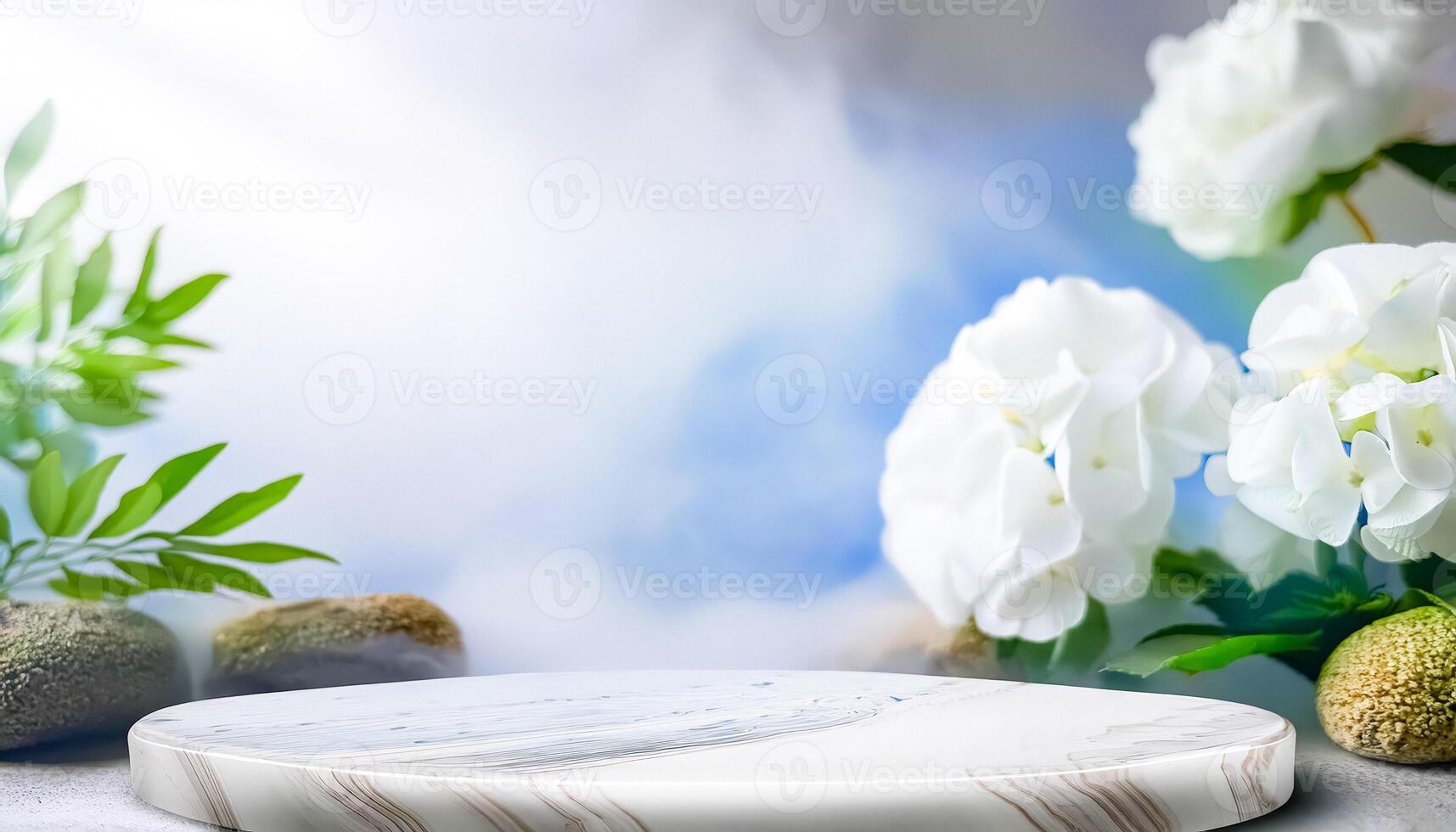 White Marble Podium with Flower Background photo