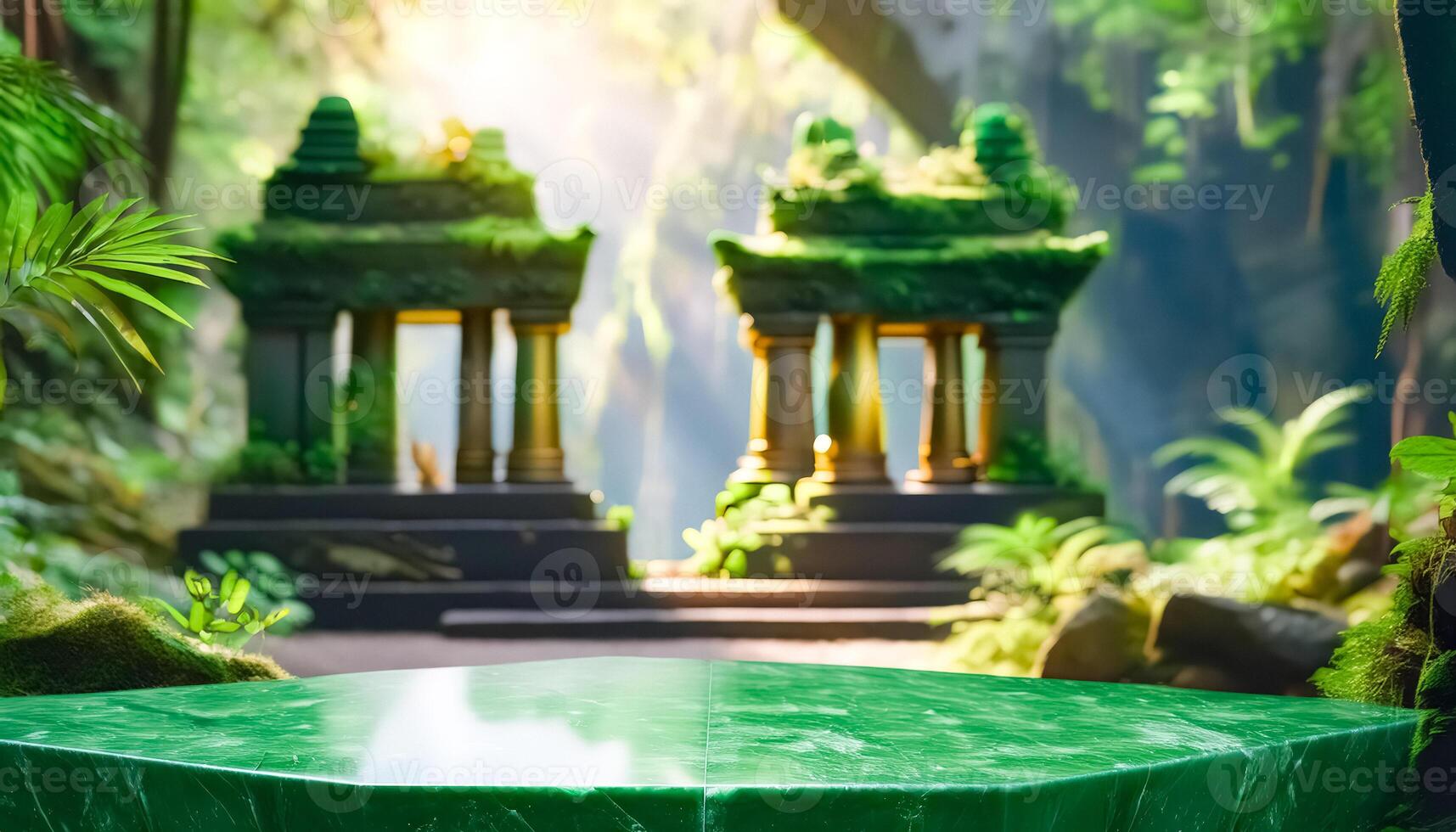 Green Marble Table in Tropical Jungle Setting photo