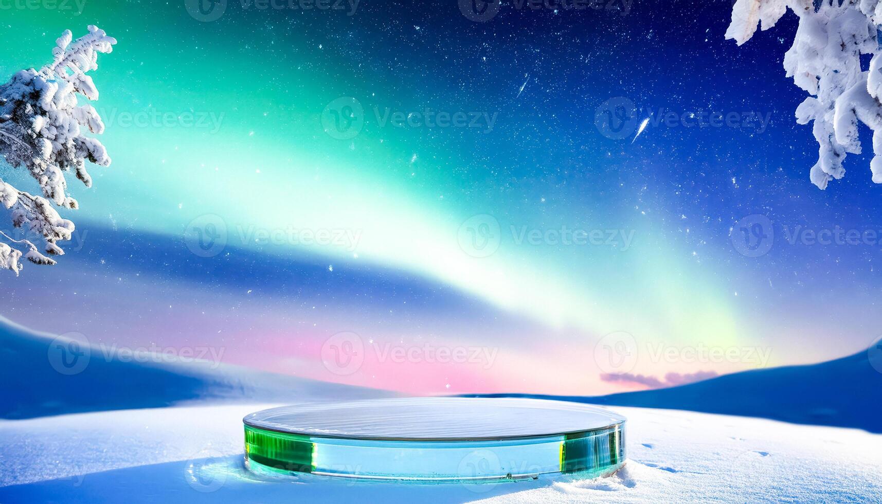 Glass Podium on a Snow Covered Landscape with Aurora Borealis photo