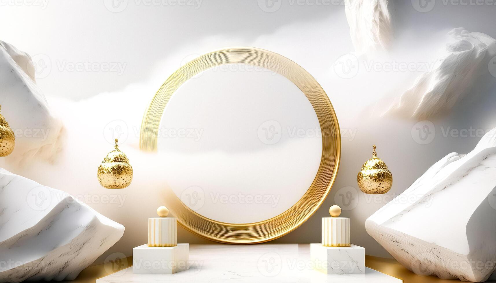 Abstract Minimalist Product Display with Gold and White Elements photo
