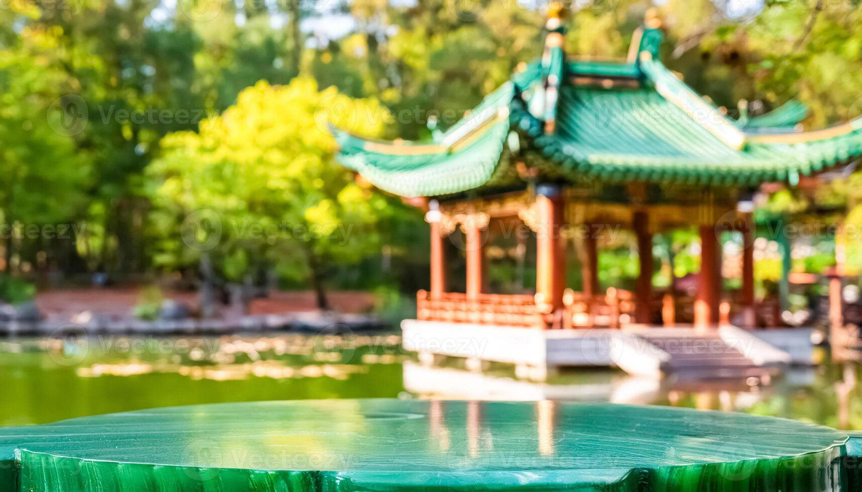 Green Jade Table Top In Front Of Chinese Pagoda photo