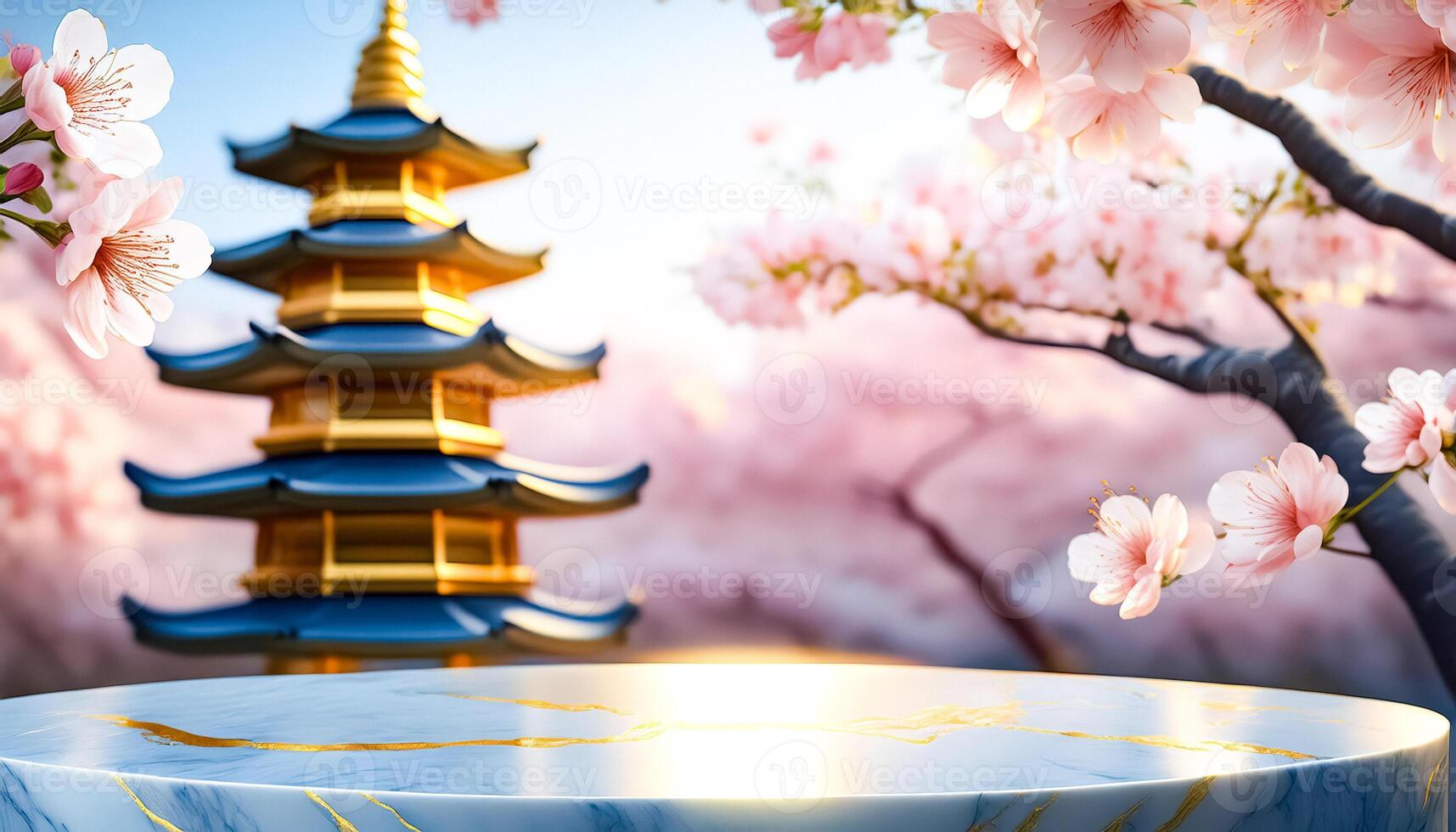 Marble Platform with Pagoda and Cherry Blossoms photo