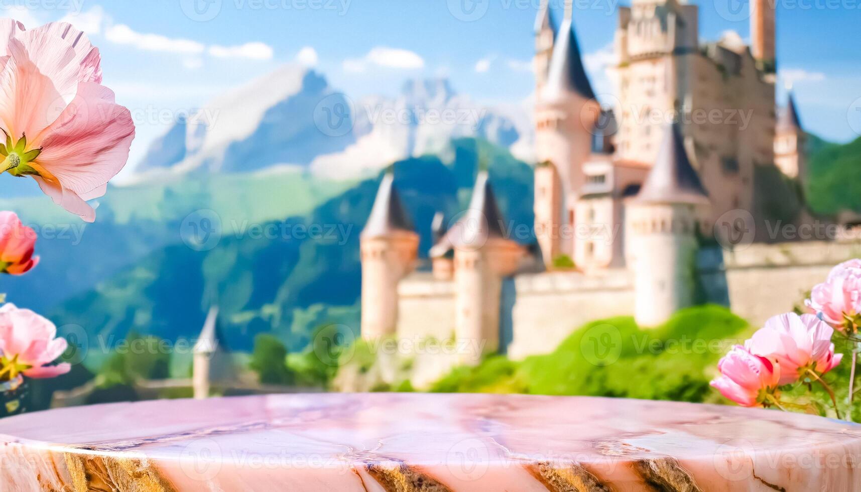 Pink Marble Table with Blurred Castle in the Background photo
