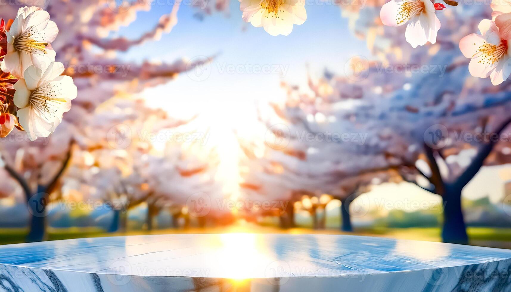 Marble Table With A View Of Blooming Trees photo