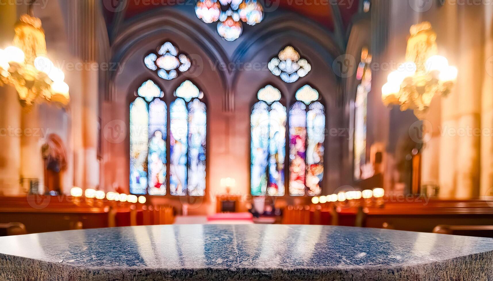 Empty Stone Table In Front Of Church Interior photo