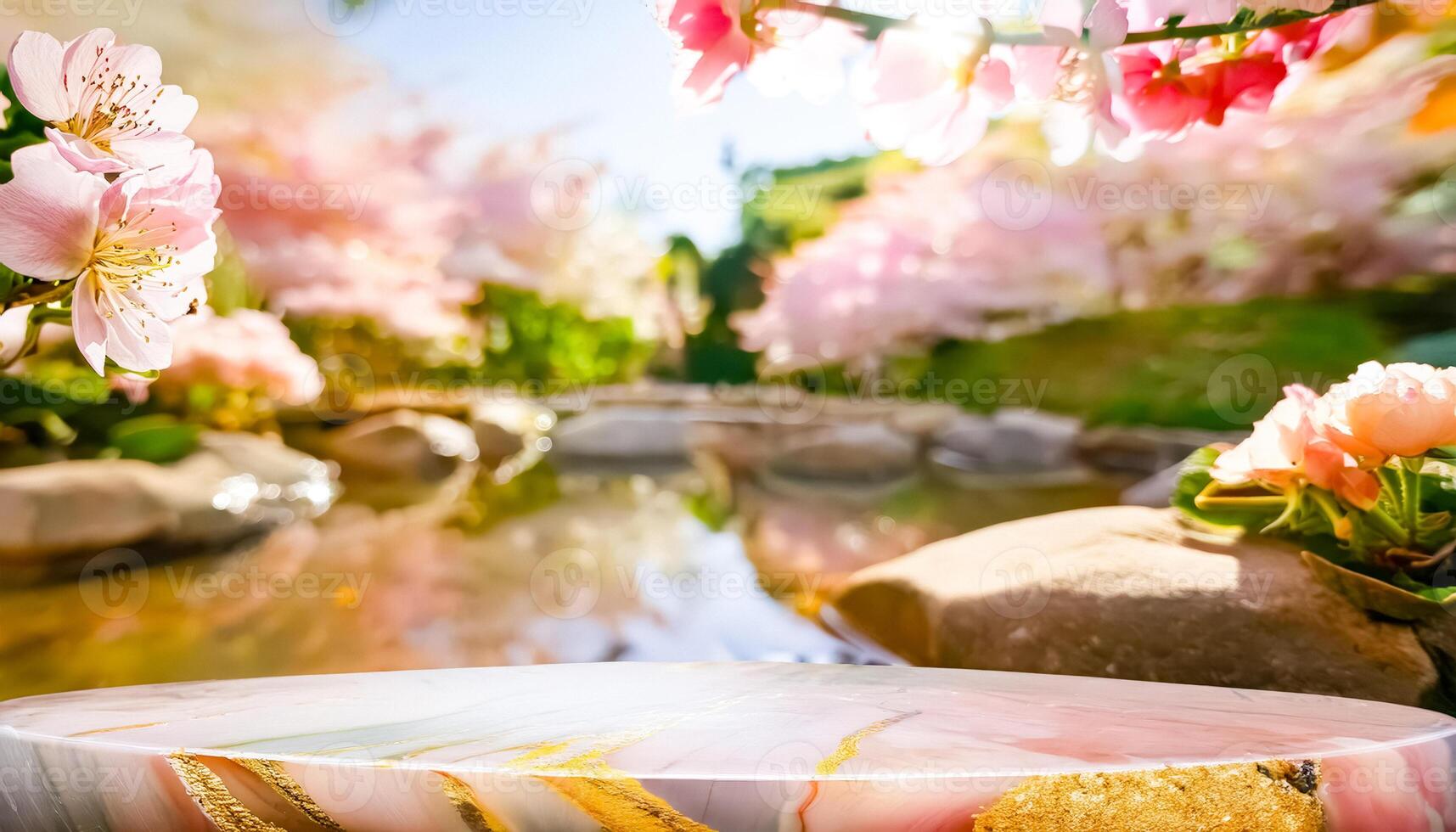 Elegant Marble Podium in a Spring Garden with Cherry Blossoms photo
