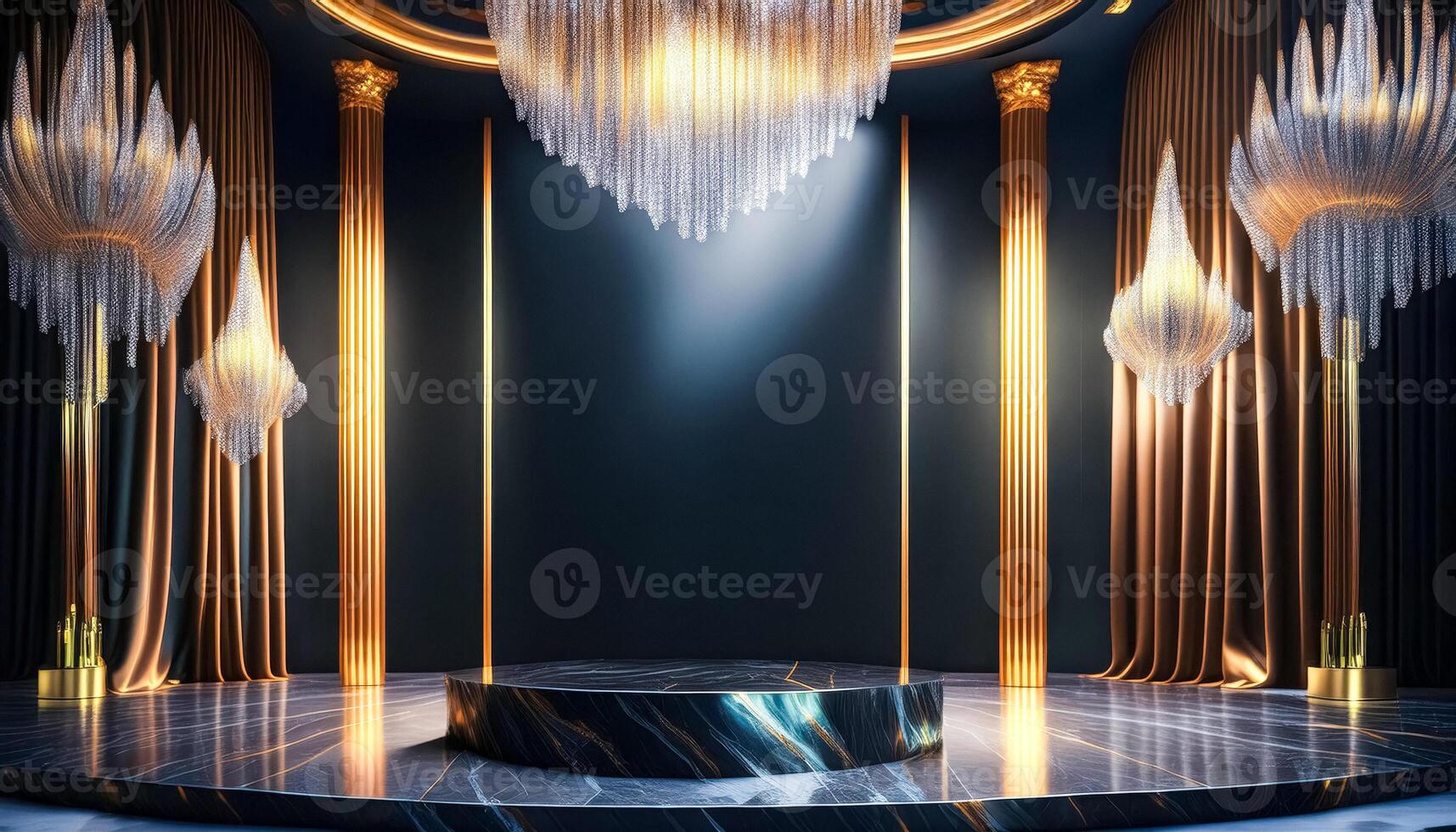 Elegant Stage With Golden Columns and Chandeliers photo