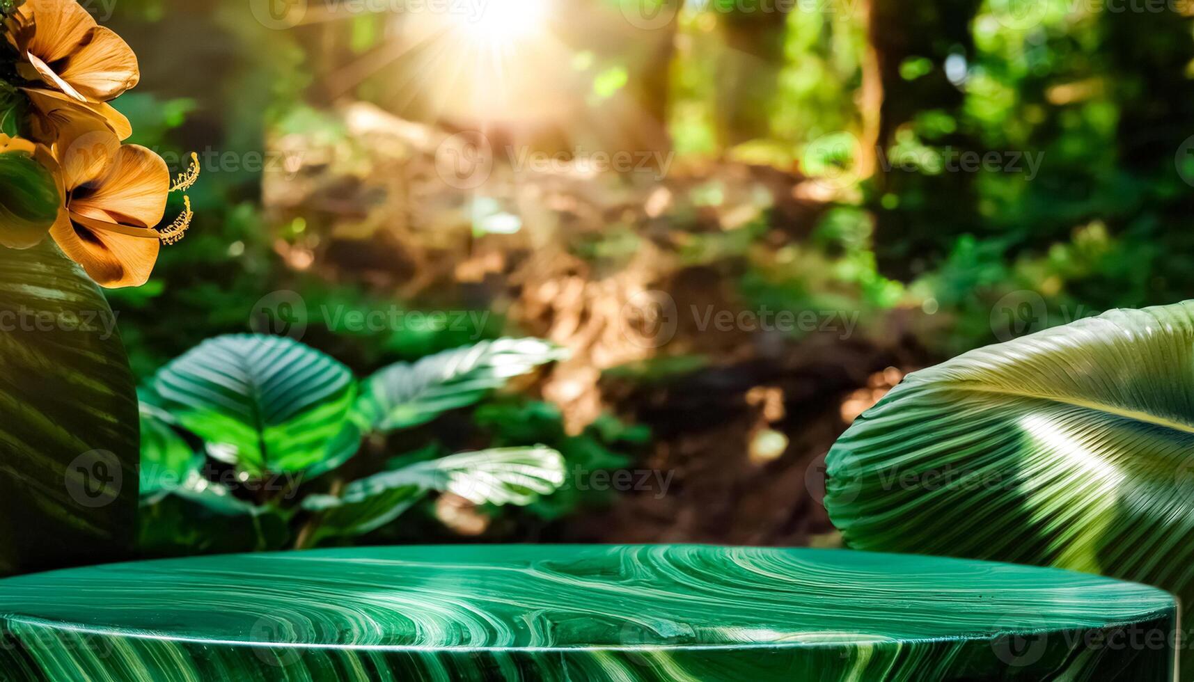 Green Marble Product Display in Lush Jungle Setting photo