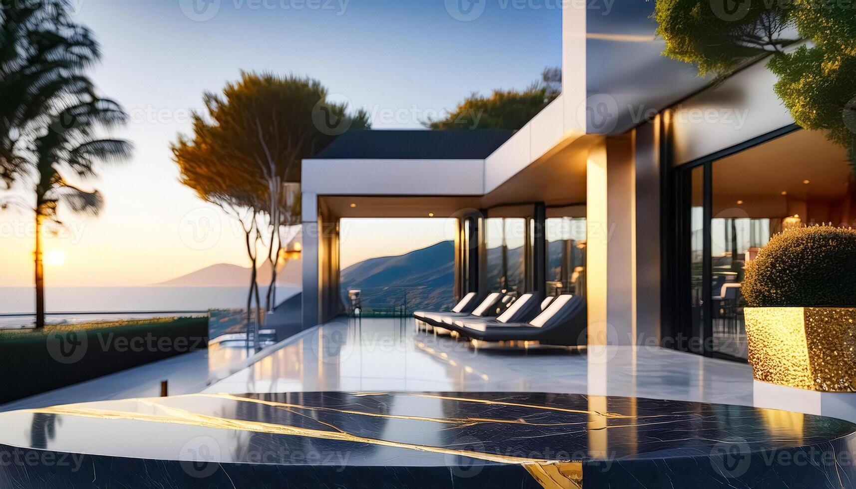 Modern Luxury Villa with Ocean View and Marble Table photo