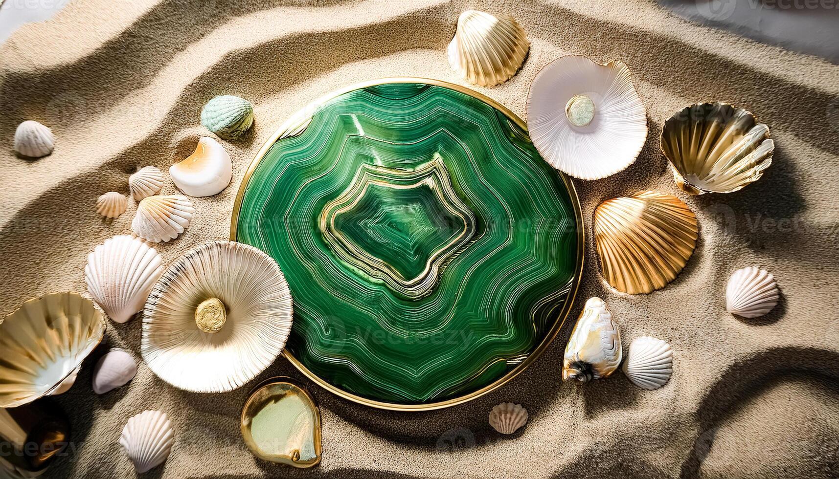 Green and Gold Seashells on Sand photo